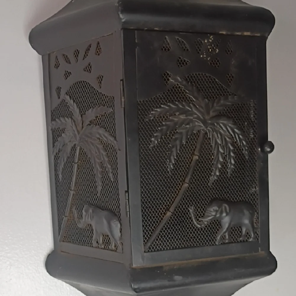 Wall Candle Holder Decorative Metal Lantern with Palm & Elephant Motif Black